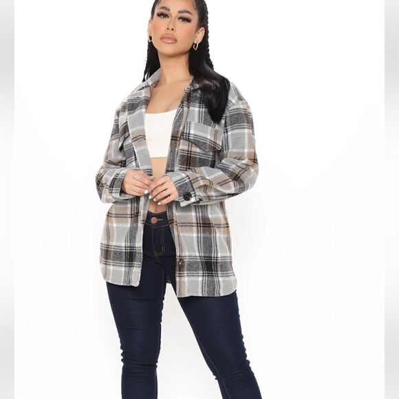 Penelope Plaid Shirt Jacket - Grey/Combo - Picture 1 of 4